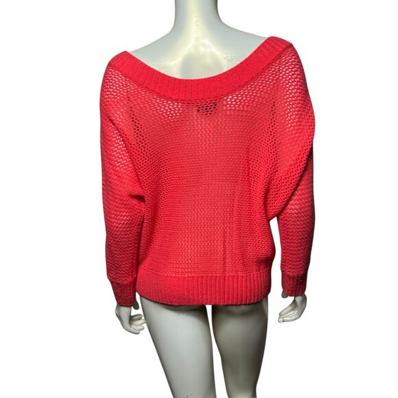 Express Pink Merino Wool Blend Mesh Knit V-Neck Sweater Open Weave 3/4 Sleeve - Picture 3 of 6